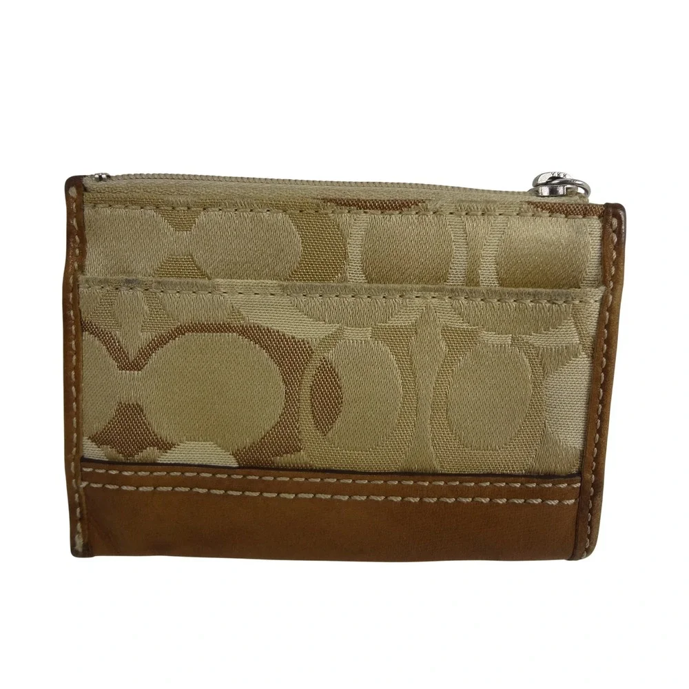 Coach Signature Jacquard‎ Mini Skinny ID Case Khaki Tan Leather Trim Zip Wallet